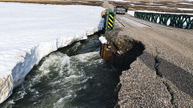 Washed-out bridge approach on Baffin Island