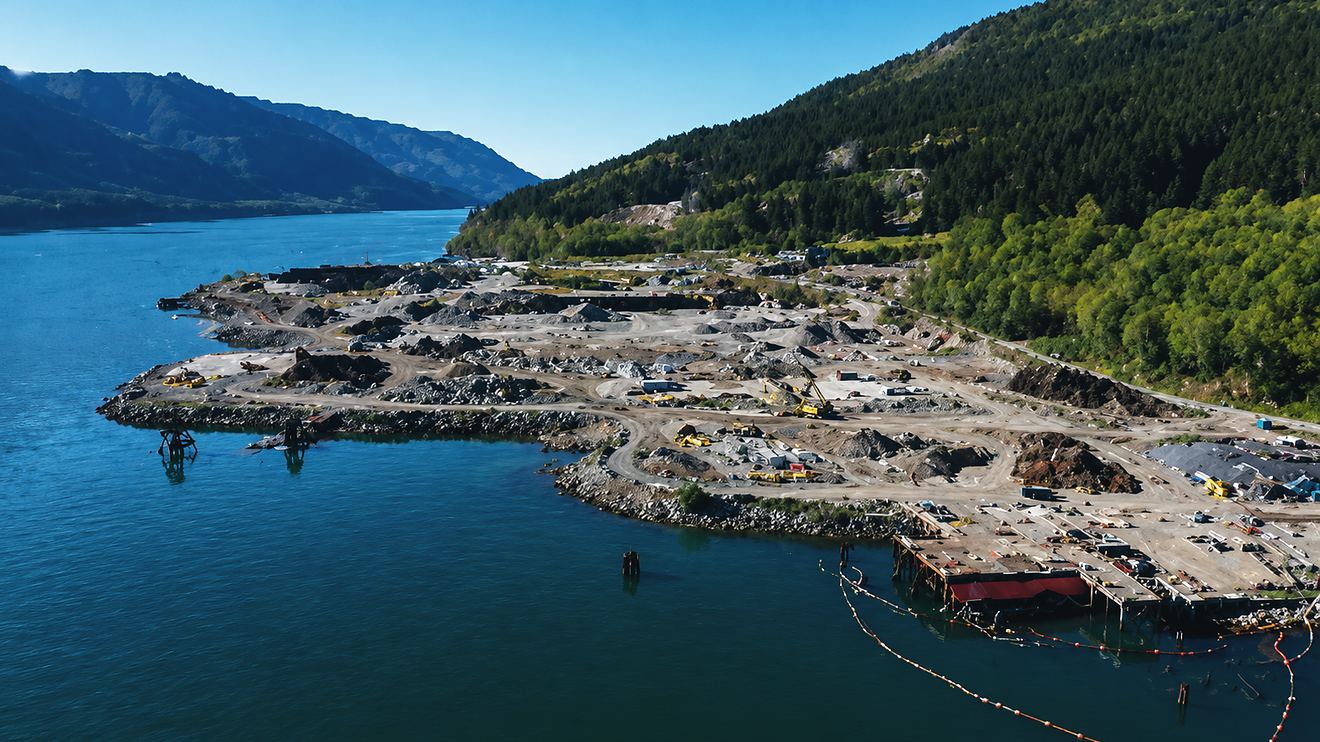Aerial view of the Nucel pulp mill site on the coast at Port Alice, British Columbia